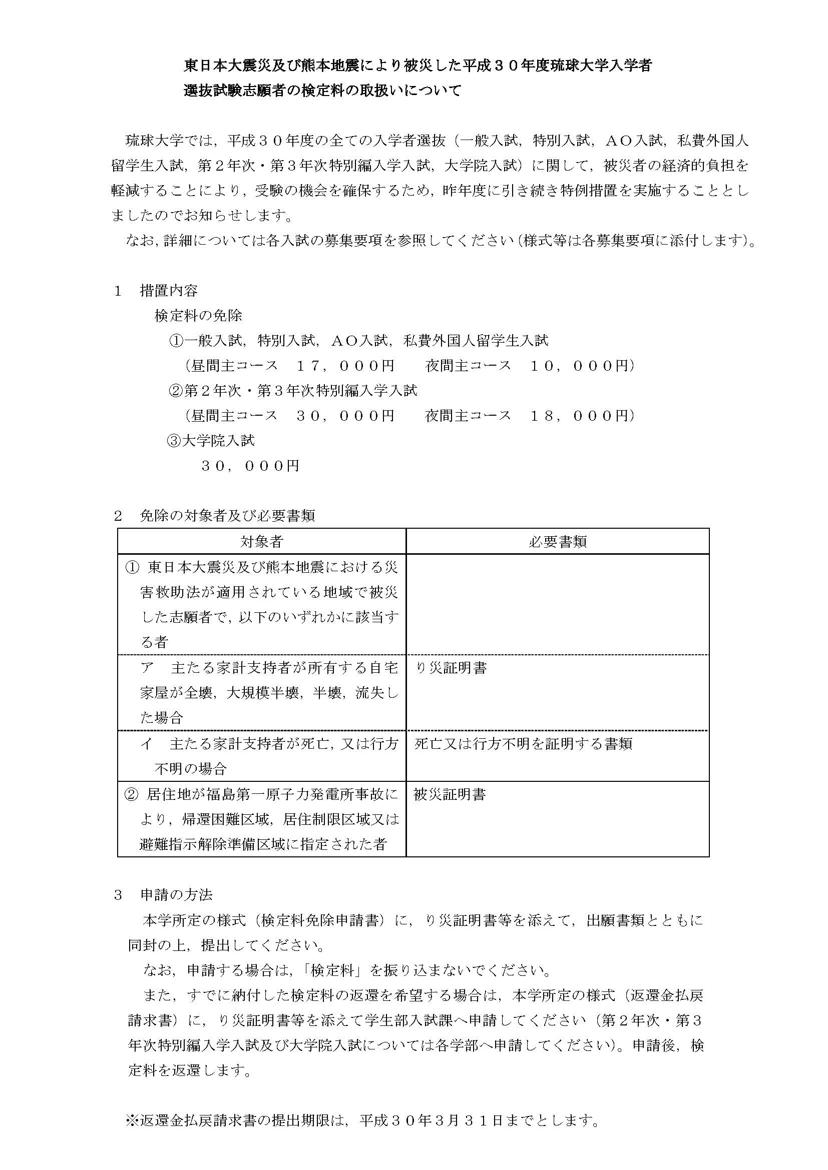 検定料免除に関する特例措置 免除申請書 について 国立大学法人琉球大学医学部